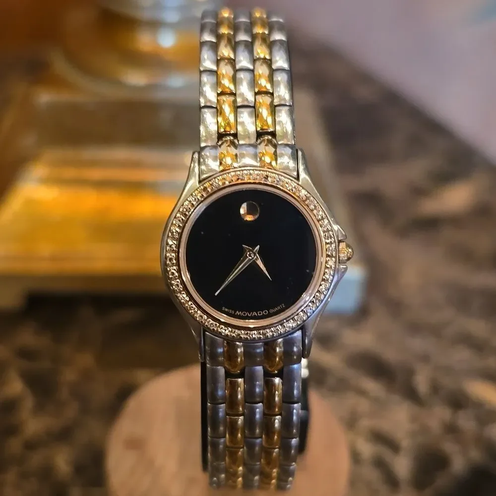 MOVADO Black Dial Ladies Quartz Wrist WATCH! 1CT wieght Diamond,14k Beze…